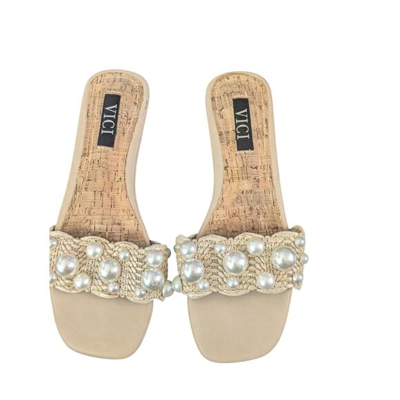 VICI Shoes - Pretty ratan & pearl studded slide sandals by Vici worn only a few times size 8
